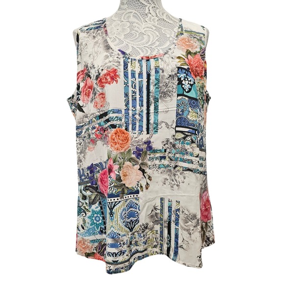 Tolani Tops - Tolani Collection Floral Patchwork Sleeveless Blouse Tank Top Large